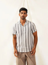 Classic Gey Striped Spread Collar Cotton Curved Casual Shirt-SF-931White